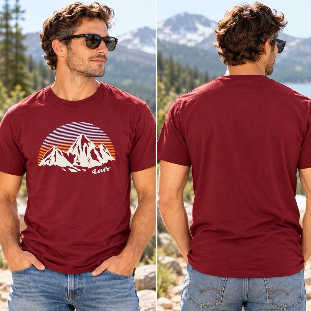 NWT Levi’s Men’s 2XL Burgundy Mountain Sunset Graphic T-Shirt Retro Outdoor Tee